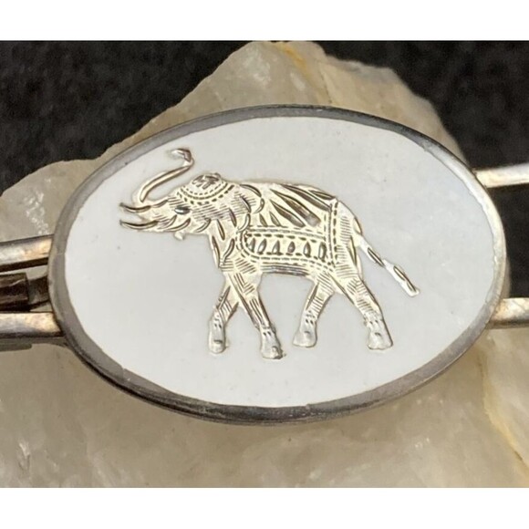 Vintage SIAM‎ Sterling Silver 925 Elephant White Enamel Tie Bar Clip 10.5g Retro - Picture 2 of 8